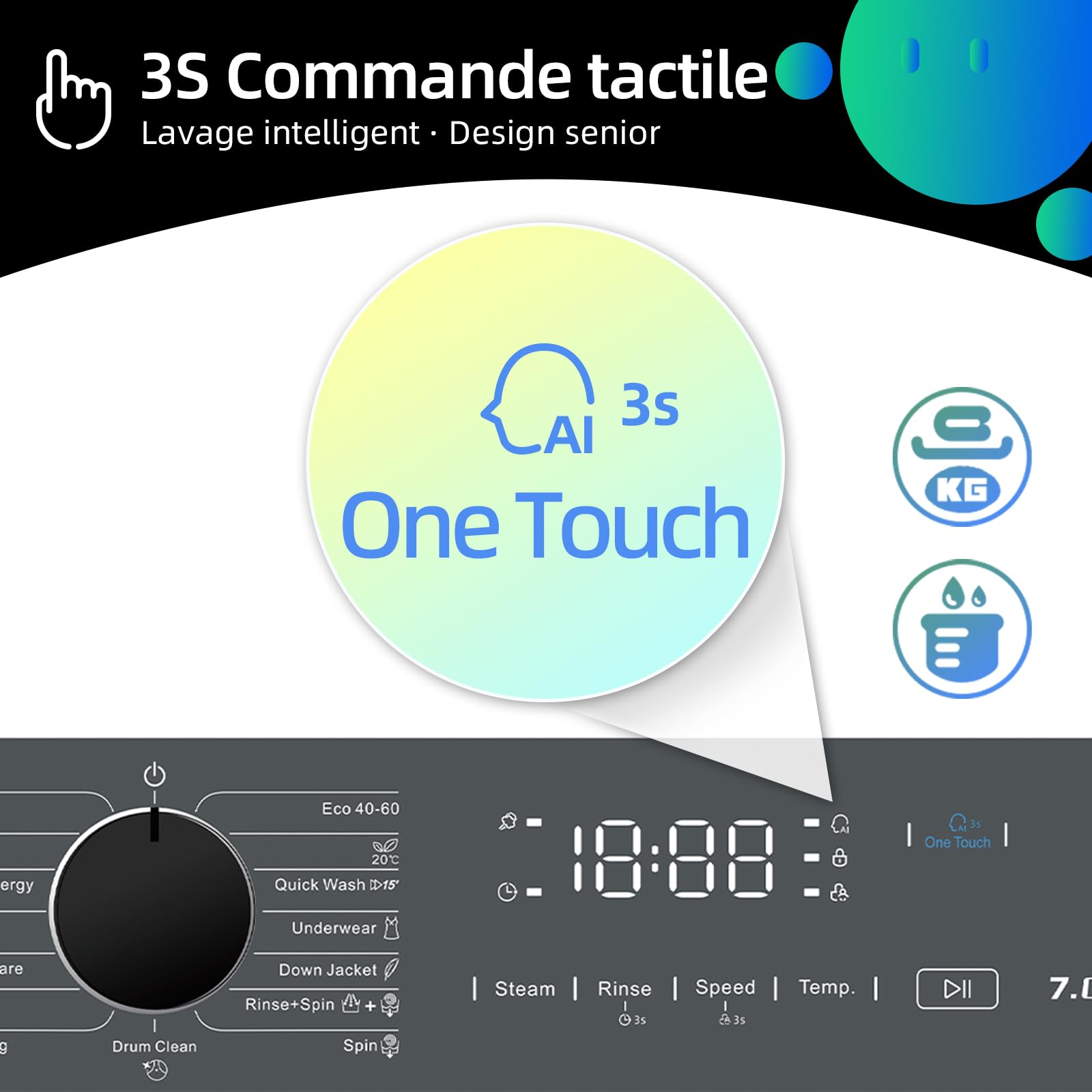 Lave linge hublot - 7kg, Classe énergétique A, Moteur BLDC 1200 RPM, Lavage vapeur & rapide, 15 programmes, Design compact (60x46.5x84cm) - Gris