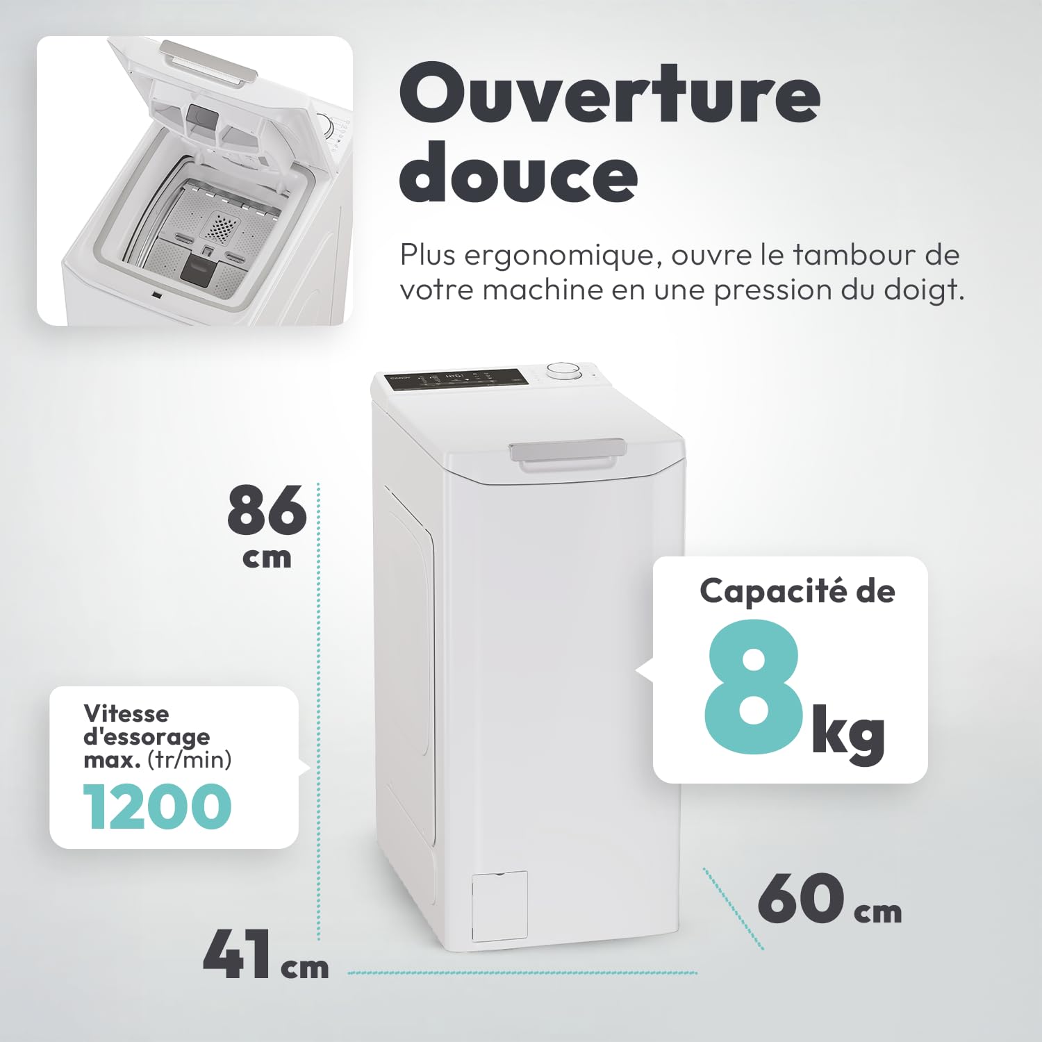 Lave-linge Top Chargement par le dessus 8 kg - 1200 trs/min - Classe B - Connecté Wi-Fi - Blanc