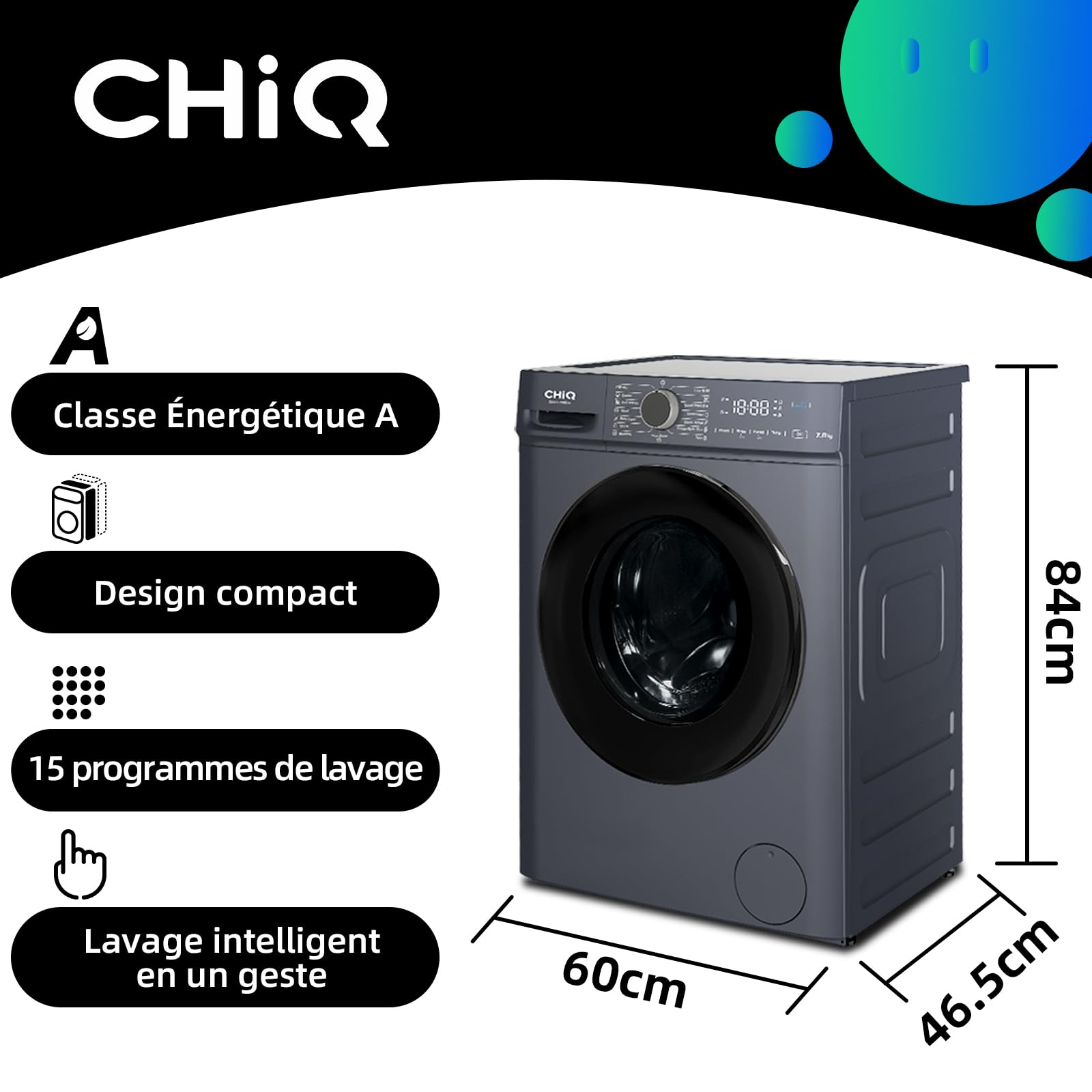 Lave linge hublot - 7kg, Classe énergétique A, Moteur BLDC 1200 RPM, Lavage vapeur & rapide, 15 programmes, Design compact (60x46.5x84cm) - Gris