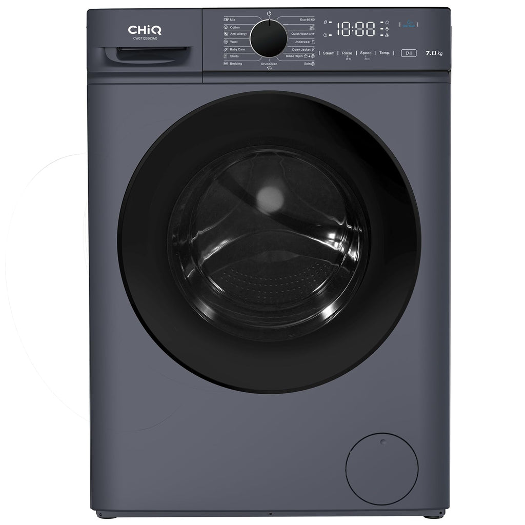 Lave linge hublot - 7kg, Classe énergétique A, Moteur BLDC 1200 RPM, Lavage vapeur & rapide, 15 programmes, Design compact (60x46.5x84cm) - Gris
