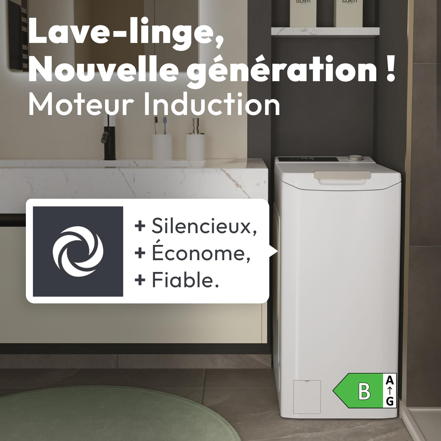 Lave-linge Top Chargement par le dessus 8 kg - 1200 trs/min - Classe B - Connecté Wi-Fi - Blanc