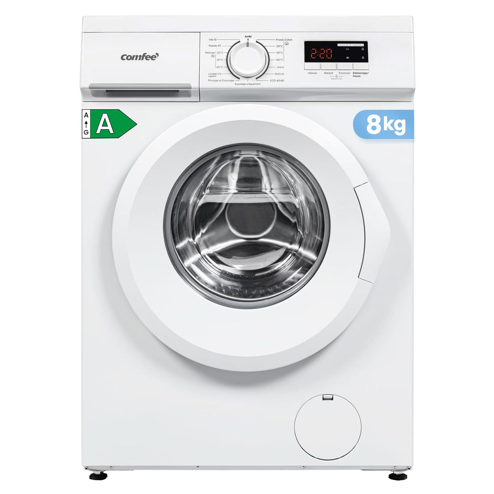 Lave-linge frontal 8KG, Classe énergétique A, Moteur BLDC 1400 tr-min, 15 Programmes, Prélavage, Blanc [Classe énergétique A]