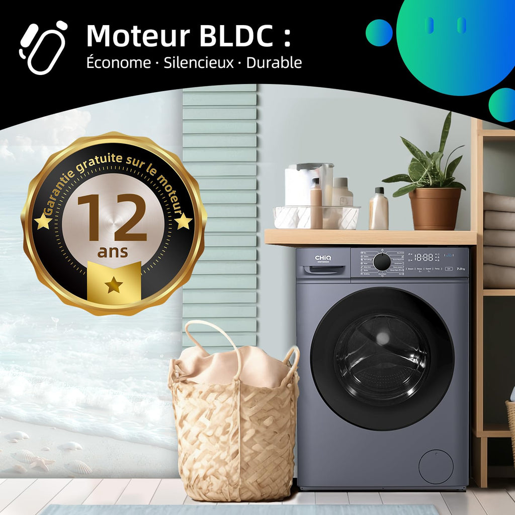 Lave linge hublot - 7kg, Classe énergétique A, Moteur BLDC 1200 RPM, Lavage vapeur & rapide, 15 programmes, Design compact (60x46.5x84cm) - Gris
