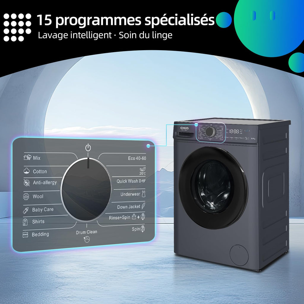 Lave linge hublot - 7kg, Classe énergétique A, Moteur BLDC 1200 RPM, Lavage vapeur & rapide, 15 programmes, Design compact (60x46.5x84cm) - Gris