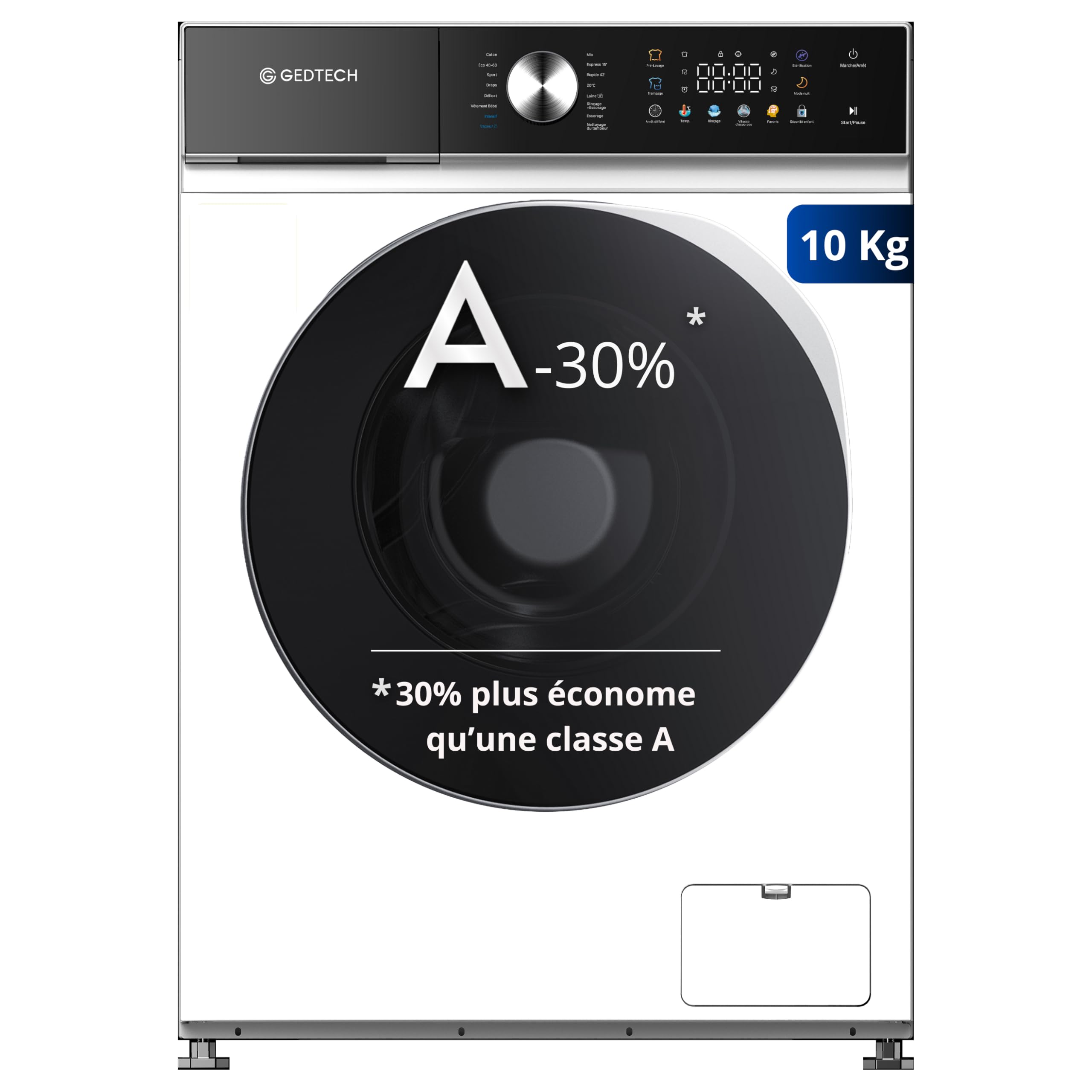 Lave-linge frontal - 10 Kg - 1400 tr/mn - 16 programmes - Eco - Intensif - Rapide – Très Faible conso - Panneau commande LED couleur (Blanc, 10 Kg)