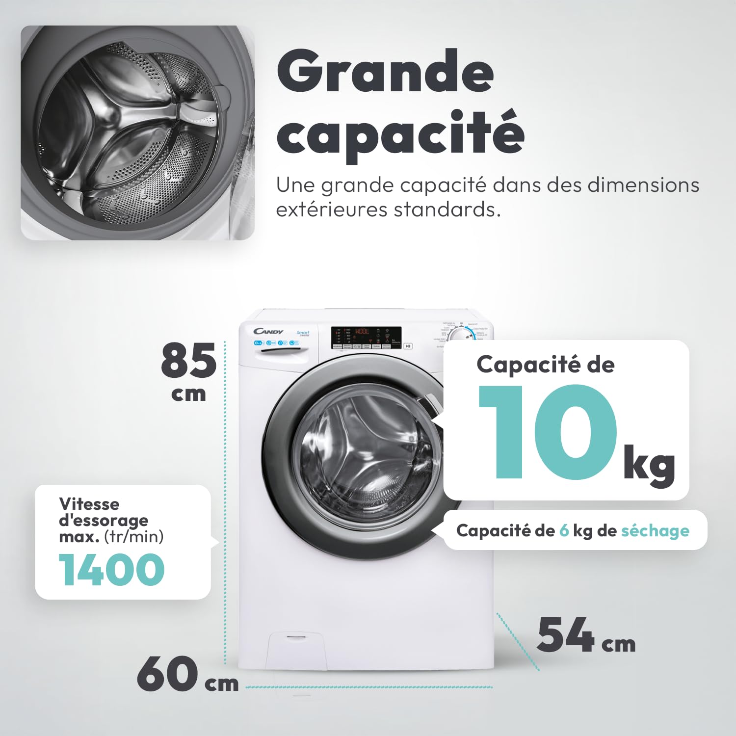 Lave-linge Séchant Frontal 10 kg / 6 kg - 1400 trs/min - Classe A - Fonction Vapeur - Blanc
