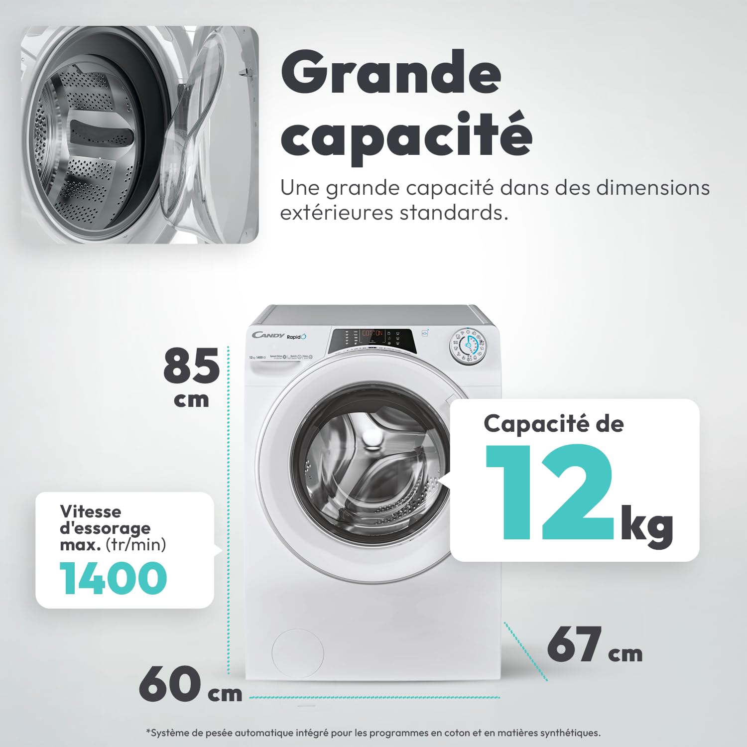 Lave-Linge Hublot - Machine à Laver 12kg/1400 trs/min - Classe Énergétique A - 15 Programmes - WiFI+Bluetooth, Ecran Digital, Mix Power System - Blanc - 85 x 60 x 67 cm