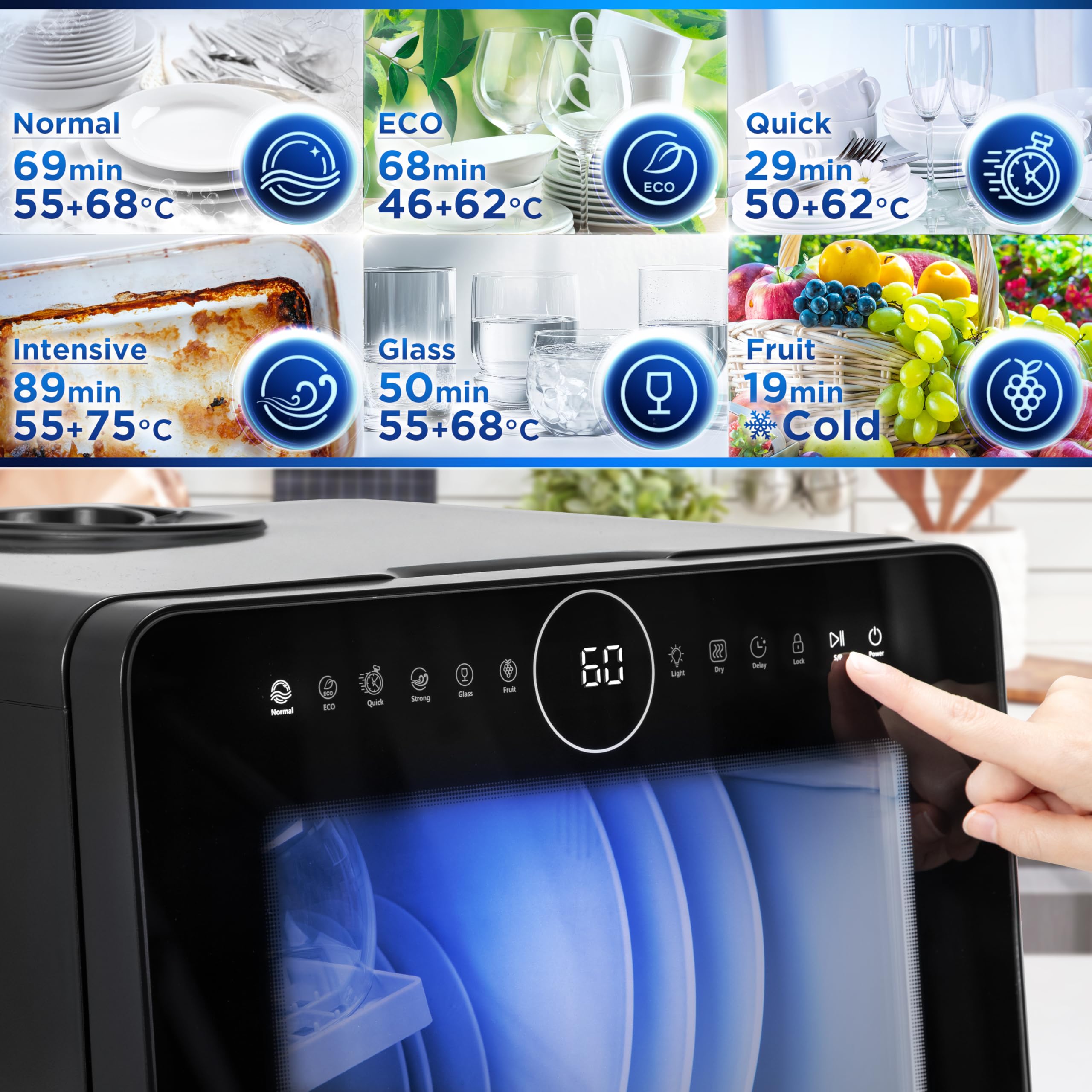 Lave-vaisselle de table 950W lave vaisselle posable portable compact gain de place pour petite cuisine 7 programmes de lavage séchage efficace pratique