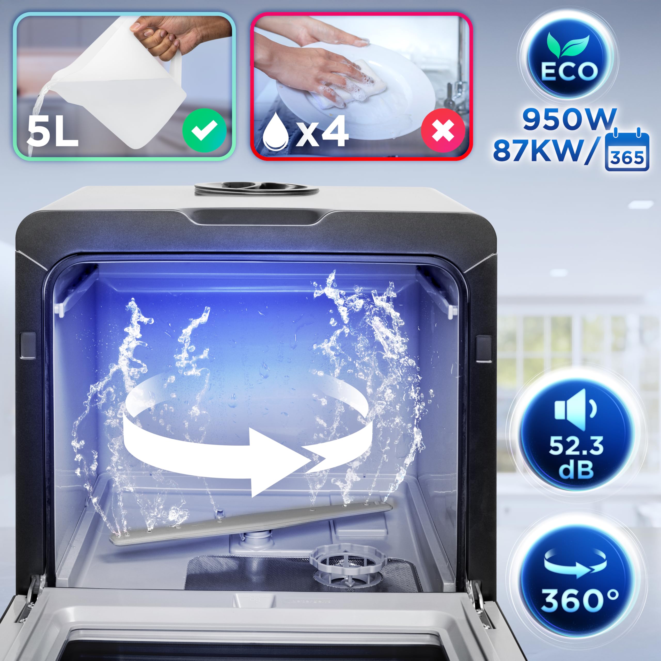 Lave-vaisselle de table 950W lave vaisselle posable portable compact gain de place pour petite cuisine 7 programmes de lavage séchage efficace pratique